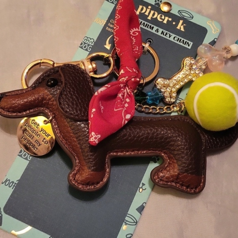 Piper K Dachshund Dog Keychain with Red Bandana, Ball, Bone  HL TL